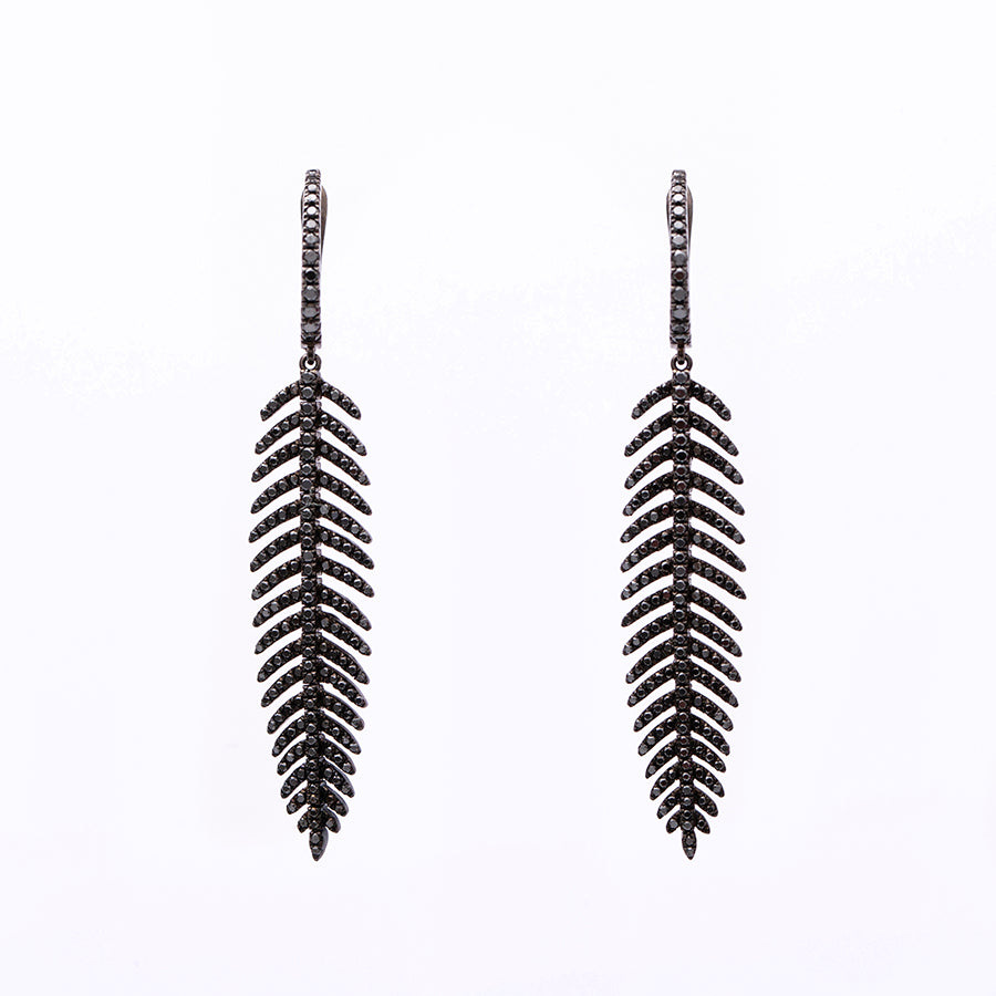 Blackened Gold Feather Earrings With Black Diamonds
