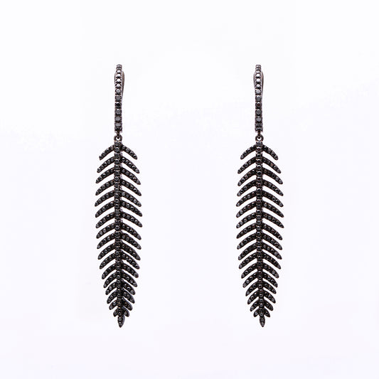 Blackened Gold Feather Earrings With Black Diamonds